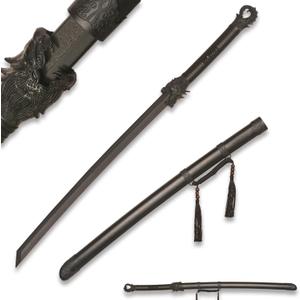39" Plastic Martial Arts Polypropylene Training Katana Practice Sword, Black Chinese Tang Dynasty Style Dragon Pattern Decorated Sword with Scabbard and Tassel