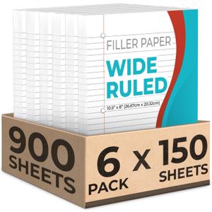 Rosmonde Loose Leaf Paper, 900 Sheets, 6 Pack, Wide Ruled, 8" x 10.5", Bulk Office Filler Sheets, 3 Hole Punched, 150 Sheets/Pack, Wide Ruled for 3 Ring Binder, Filler Notebook Paper, White