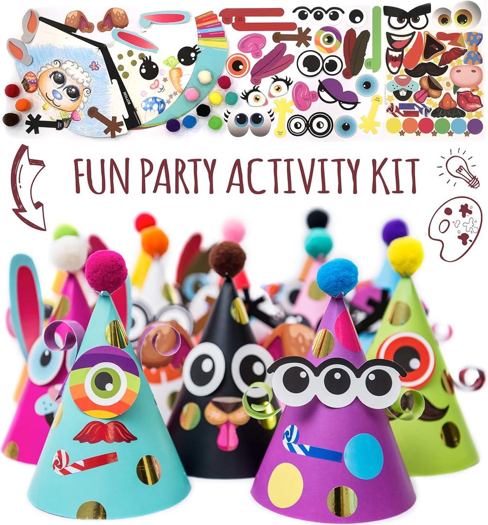 Glittery Garden Party Hats for Kids Art & Craft. Fun Birthday Activity Kit with Stickers. Animal Theme Party Favor, Game Supplies. Christmas, Thanksgiving, Easter Decoration (Multicolor 12 Hats)