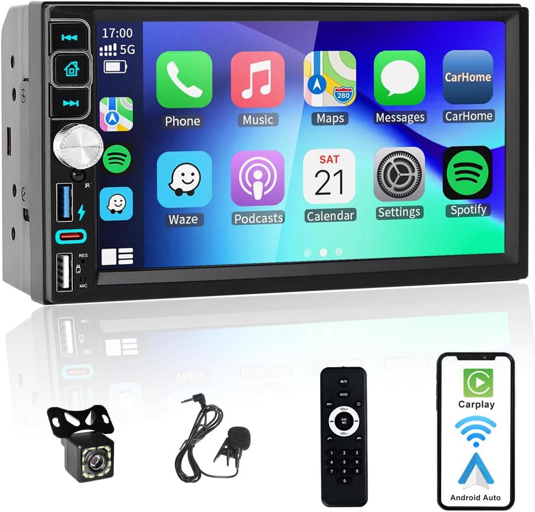Double Din Car Stereo Bluetooth Compatible with [Wireless] Apple CarPlay/Android Auto 7 Touchscreen AM/FM Radio Type-C USB (2.1A Fast Charge) Backup Camera