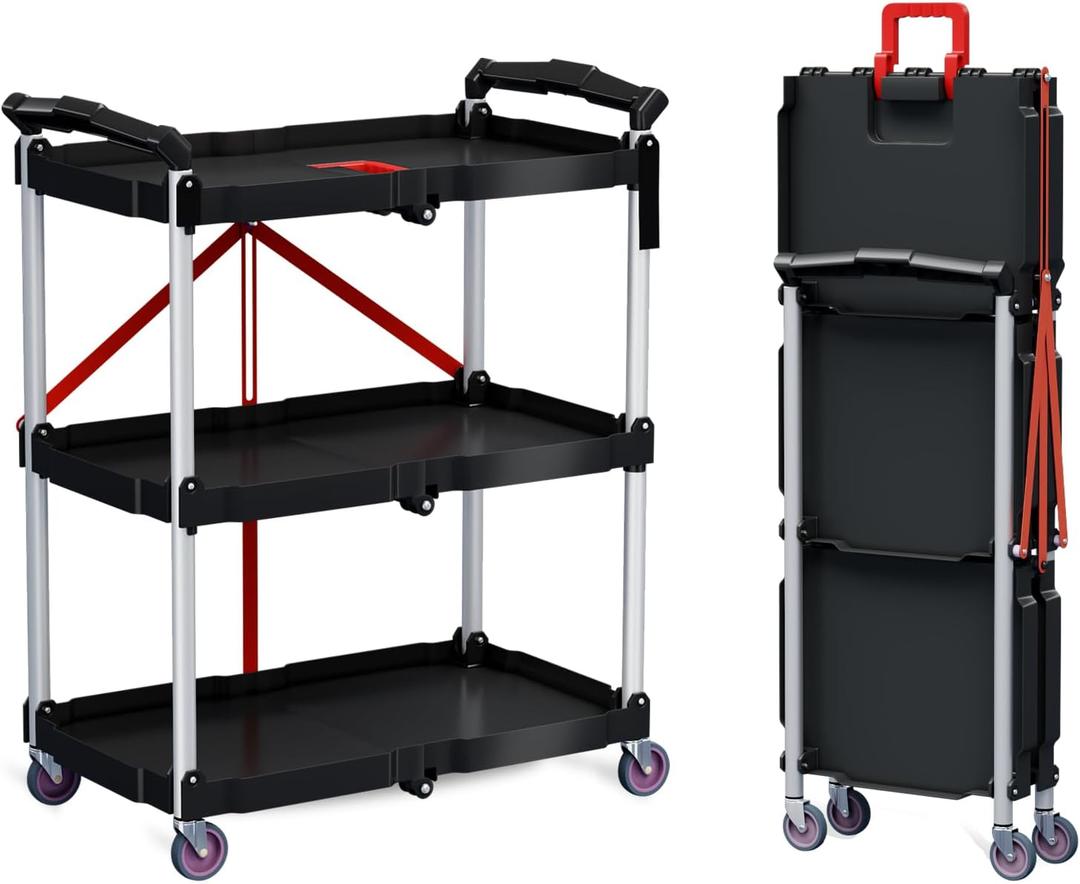 3-Tier Collapsible Cart with Wheels, 240LBS Load Capacity Folding Utility Cart for Garage, Office, Storehouse, Kitchen