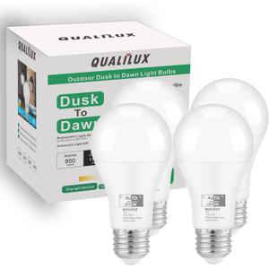 Qualilux Dusk to Dawn Light Bulbs Outdoor 850 Lumen, 60W Equivalent, Daylight Deluxe 6000K, LED 9.5W, A19, E26 Base, 4-Pack, HQ-H010
