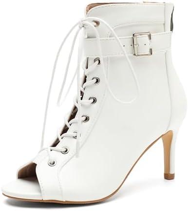 Enelauge Women's Dance Heels Boots Peep Toe Sandals Lace Up Summer Booties Stiletto Heel Back Zipper Buckle Strap Leather Party Sexy Wedding Bridal Dress Shoes, Size 45
