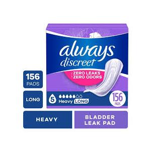 Always Discreet Adult Incontinence Pads for Women, Heavy Absorbency, Long Length, Postpartum Pads, 156 Count (4 Packs of 39)