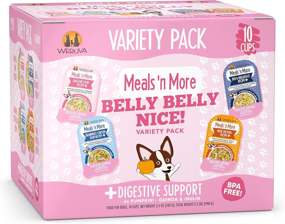 Weruva Meals 'n More Natural Wet Dog Food, Belly Belly Nice! Digestive Support Variety Pack, 3.5oz Cup (Pack of 10) (EXP 06/15/28)