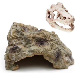 Anxingo Reptile Rock Reptile Cave Hideout for Snakes/Geckos/Lizards/Turtles and Other Amphibians, with Dinosaur Skull (Small)