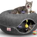 MeowMates Peekaboo Cat Cave Donut Bed for Multiple Cats Upto 45lbs, 3-in-1 Large Cat Tunnel & Donut Bed Combo w Round Tunnel Scratcher for Indoor Cats, Hanging Toy, Washable & Detachable - Dark Grey