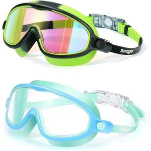 Seago Swim Goggles 2 Pack Anti-Fog Anti-UV Wide View Swimming Goggles for Kids 3-14 (Light Blue & Black/Green)