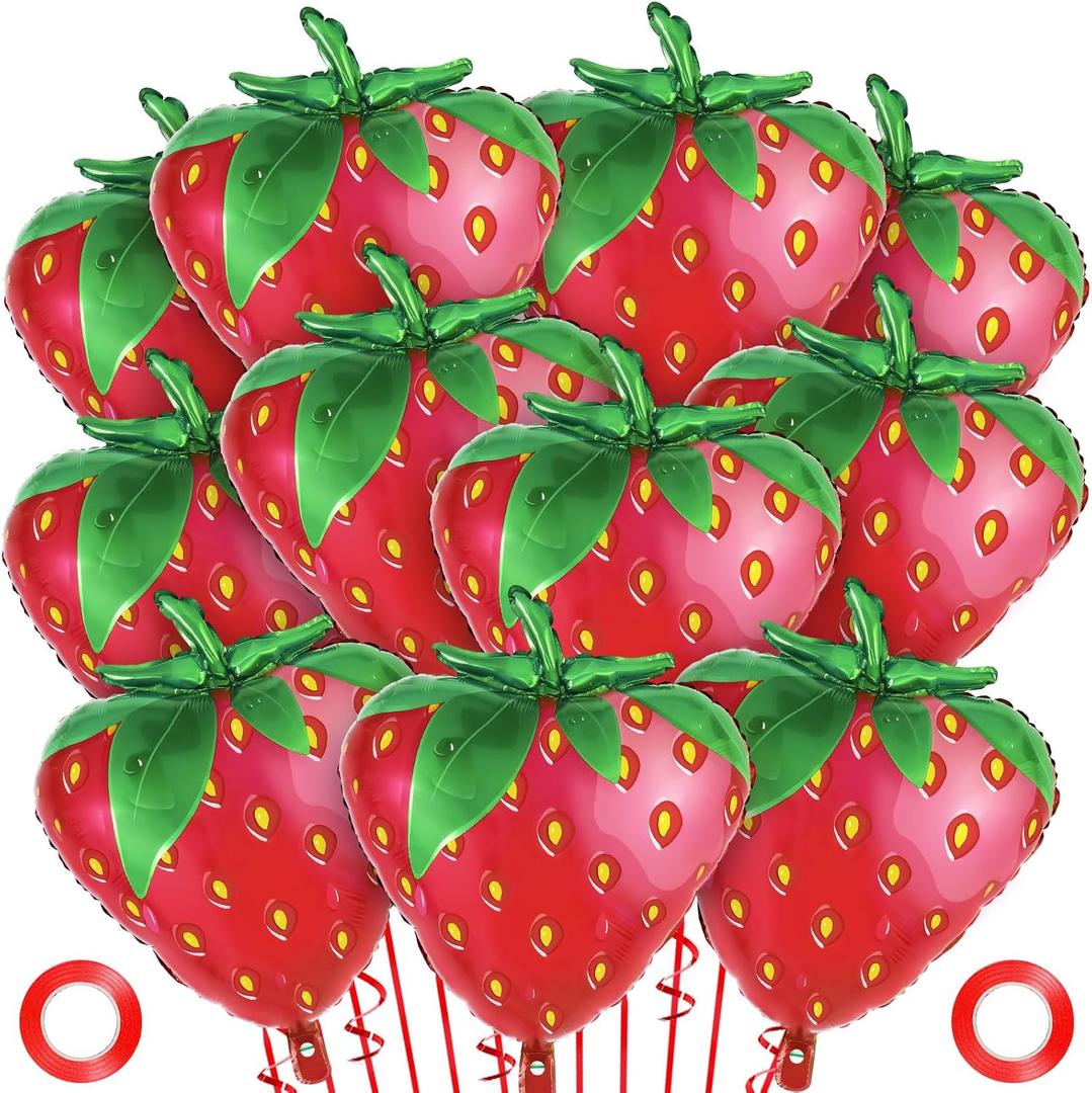 12 Pcs Strawberry Balloons, Sweet Fruit Balloons for Birthday Party Decorations, Strawberry Foil Balloon for Strawberry Themed Party Baby Shower Gender Reveal (12 Pcs)