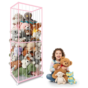 Stuffed Animal Storage, Metal Tube Extra Large Toy Storage Organizer with Brake Wheels, Stuffed Animal Holder Zoo Organizer for Nursery Playroom Kids Room Pink(61” x 23.6”x 16.5”)
