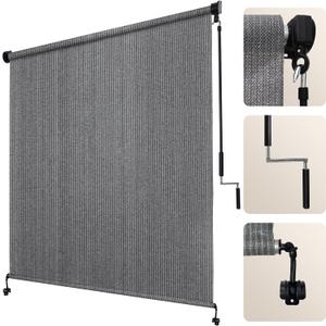 Artpuch Outdoor Roller Shade 8' W x 8' H, Gray Exterior Cordless Patio Shades Roll Up Blinds with Spliced Pole Design, (2 Poles, One-Piece Fabric), 96"W x 96"H