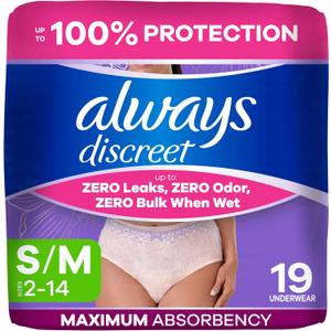 Always Discreet Adult Diapers for Women, Incontinence Underwear, Postpartum Essentials, Disposable Briefs, Max Absorbency, Bladder Leak Protection, Small/Medium, 19ct