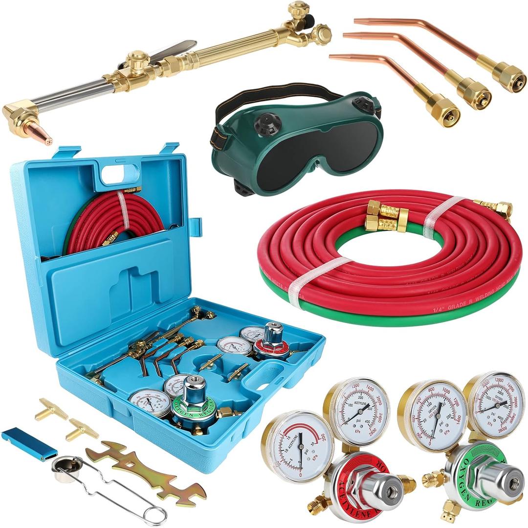 Oxygen Acetylene Torch Kit, Cutting Torch and Welding Kit, Oxy Gas Welding Cutting Brazing Set, Gas Welding Kit, Portable Oxy Acetylene Torch Welder, With Nozzles, Regulator, Hose Gauges, Blue Case