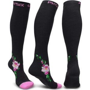 Physix Gear Compression Socks 20-30 mmHg - Men & Women - Running, Nurses, Shin Splints, Flight, Travel (Black/Pink Flower) L/XL