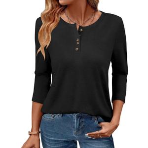 GKBK 3/4 Sleeve Womens Tops Fall Clothes Henley Casual Spring Summer Lightweight Basic Tunic Shirts (Medium, Black)