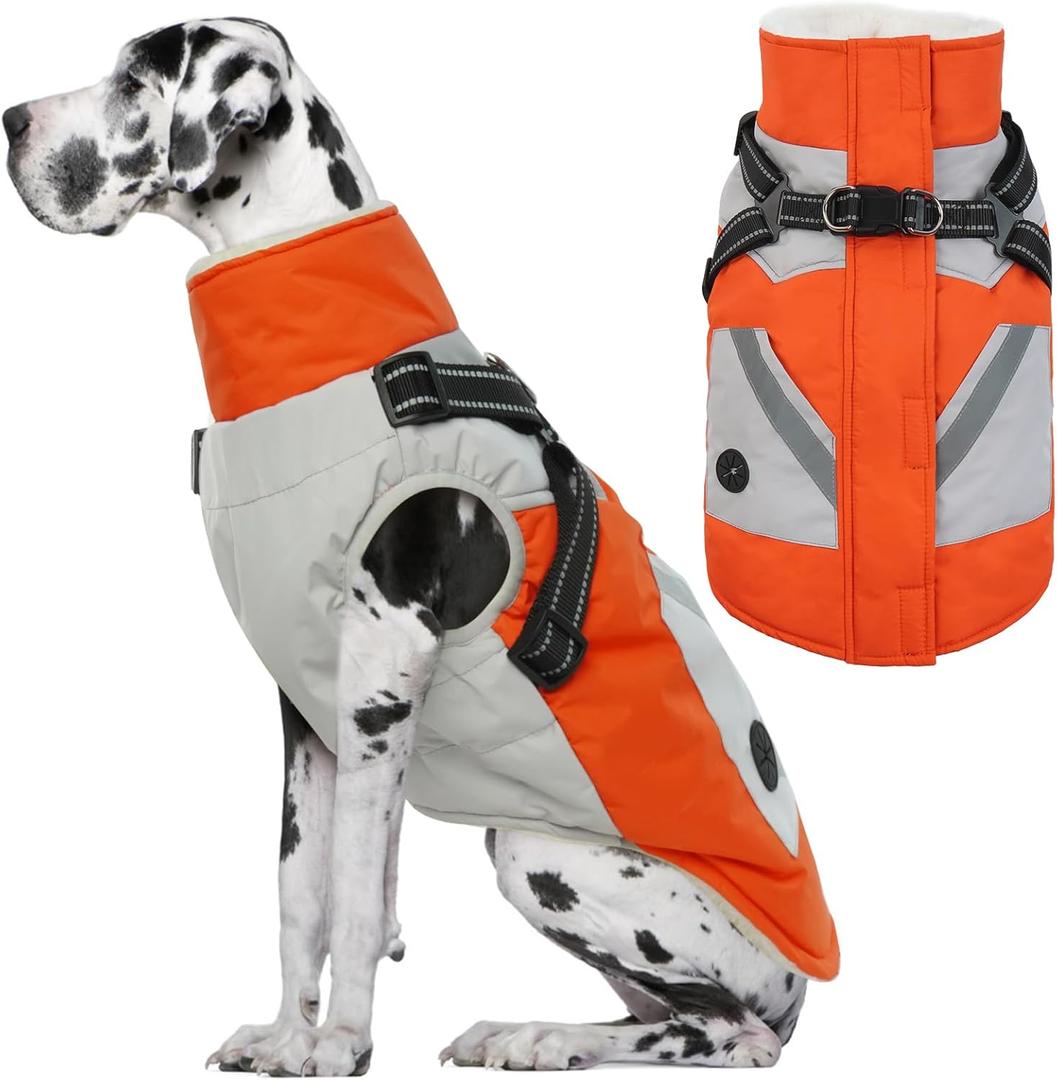 IECOii Large Dog Coat with Harness Built in,Reflective Waterproof Dog Coat for Giant Breeds - Zip Up Fleece Jacket for Dogs,Great Dane Winter Coats Warm Snowsuit for Cold Weather, Orange, 4XL (XXXX-Large(Chest:47.24 in))