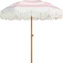 AMMSUN Boho Fringe Umbrella Outdoor Patio, 6.5ft UPF50+ Picnic Umbrella with Tassels with Steel Pole and Push Button Tilt, Pink Stripes