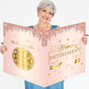 Jumbo Retirement Decorations - Extra Large Farewell Card for Women - Giant Happy Retirement Greeting Card Signature Guest Book - Rose Gold Pink