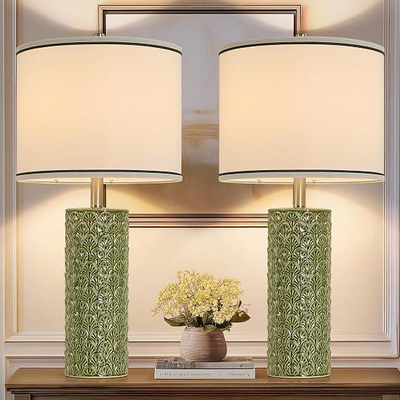 27" Tall Farmhouse Table Lamp Set of 2, Large Ceramic Bedside Lamps for Bedroom Living Room, 3-Color Temperature Dimmable Nightstand Lamps with Bulbs Included, Modern Home Decor (Light Green)