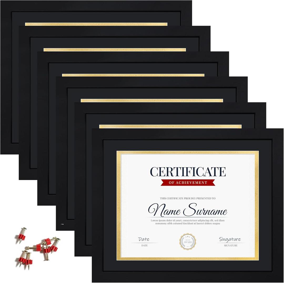 11x14 Picture Frame with Tempered Glass for 8.5x11 Certificate Frame with Mat, Document Diploma Award Degree Frame for Wall Hanging or Tabletop Display, Black, 4 Pack