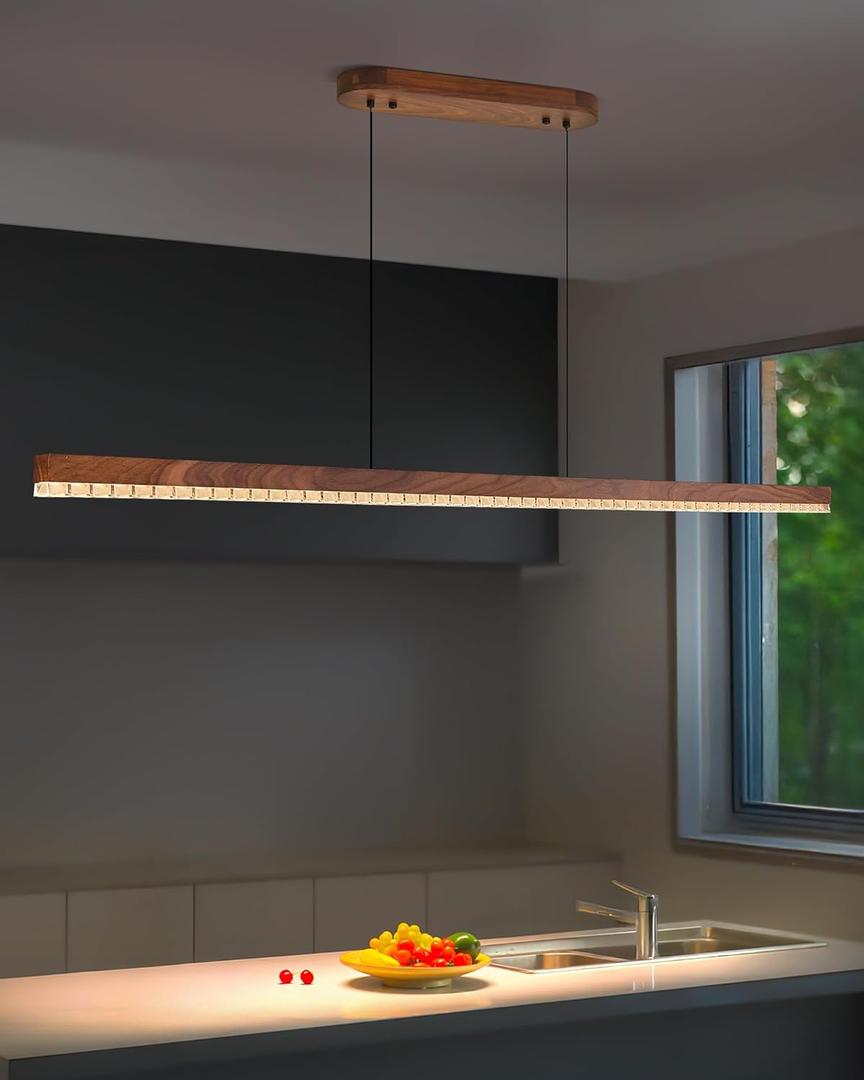 59" Wood Linear Pendant Light, Dimmable Kitchen Island Lighting with Remote, 30W LED Island Lights for Kitchen, Adjustable Linear Chandelier for Dinning Room Light Fixture, Bar, Pool Table - Walnut