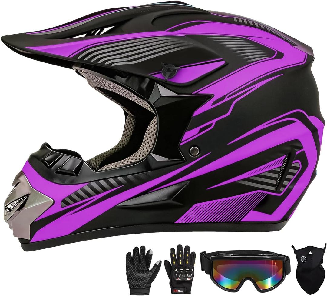 Motocross Helmet,Youth & Kids ATV Dirt Bike Motorcycle, BMX 4-Wheeler Off-Road Mountain Bike Helmet,DOT Certified,W/Gloves Goggles Mask 4-Piece Set (Purple, Medium)