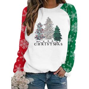 ASTANFY Merry Christmas Sweatshirt for Women Plaid Holiday Long Sleeve Tree Pullover Lightweight Shirt (X-Large, Green)