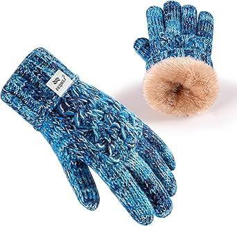 Kids Toddler Winter Warm Fleece Lined Gloves for Girls Boys, Thick Thermal Cute Knit Gloves for Cold Weather (Blue)