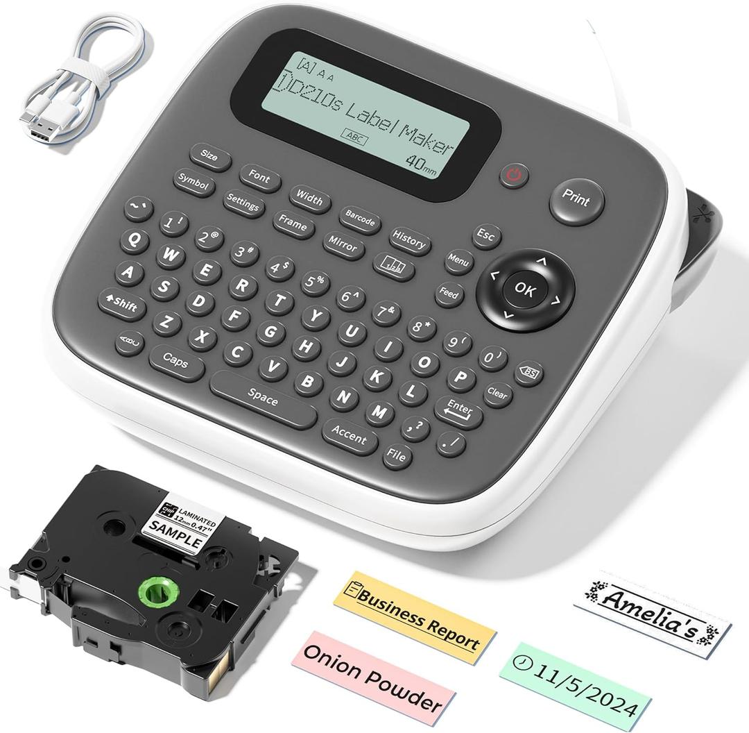 Label Maker Machine with Tape, Label Maker Waterproof Labels 12mm, D210s Laminated Labeler Machine, Multi Icons Borders & One-Touch Keys, Labelmaker for Home Use/School Office Supplies (Grey)