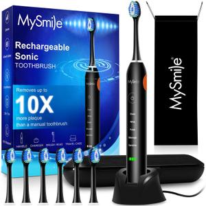 MySmile UC605 Electric Toothbrush for Adults, Rechargeable Sonic Electronic Toothbrush with 6 Brush Heads and Travel Case, 2 Mins 5 Modes Smart Timer, 48000VPM (Black)