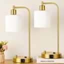 Lynnoland Set of 2 Industrial Table Lamps with USB C+A Ports and Outlet, Gold Fully Stepless Dimmable Bedside Lamps, Nightstand Lamp with Opal Glass Shade for Reading Office (2 LED Bulb)