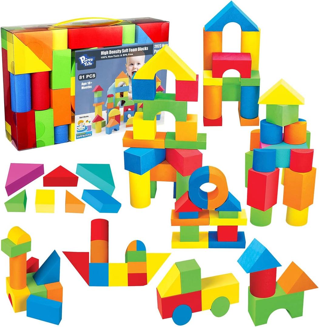 Pairez Toys Foam Building Blocks for Toddlers 1-3, 81 Pieces Soft Stacking Blocks Toy Set, Baby Bath Foam Toys, Sensory and Montosorri Toys for Boys & Girls 18+ Months, Large