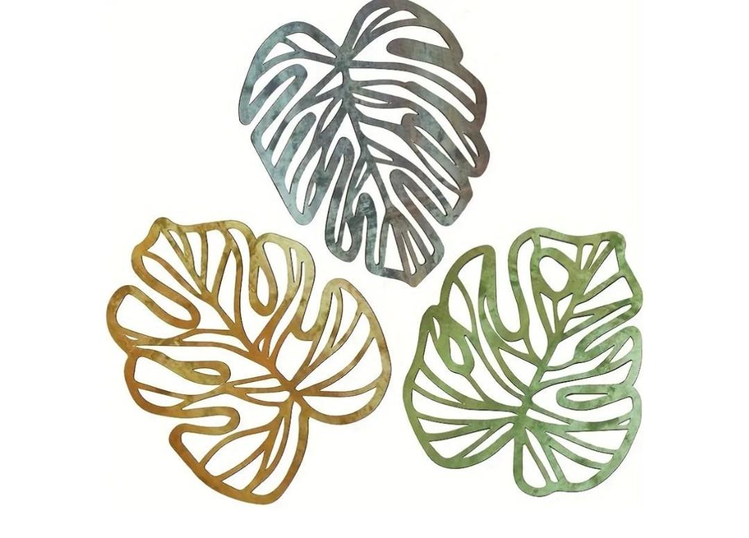 Palm Leaves Wood Wall Decor , 3Pcs Tropical Wall Art Jungle Decor, Wooden Natural Leaves Plant Wall Decor, Vintage Tropical Plant Plaque for Home Living Room Kitchen Bedroom Bathroom & Garden, Yellow&Blue&Green