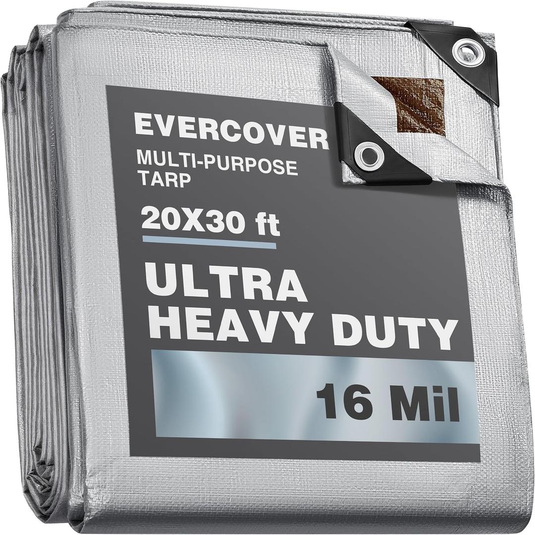 20x30 ft Tarps | All-Weather Tarp Waterproof UV-Resistant | 16 MIL=240 GSM Heavy-Duty Silver-Color Tarpaulin w/Reinforced Edges, Corners, Rustproof Grommets | Large Tarp | Lona Impermeable