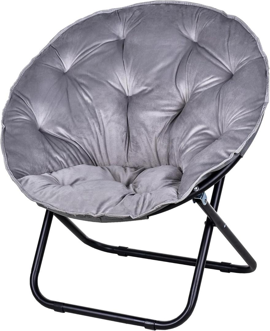 VECELO Saucer Chair for Adults, Folding Moon Chair with Metal Frame, Faux Fur for Bedroom, Living Room, Dorm Room, Apartment, Grey, 17.3 inches x 16.5 inches x 31.5 inches