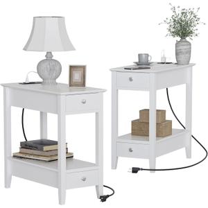 Treocho End Tables Living Room Set of 2, Narrow Side Table with Charging Station, White Table Bedside Sofa for Small Spaces, Living Room, Bedroom