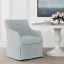 Martha Stewart London Upholstered Skirted Dining Arm Chair with Casters Curved Back, Removable Seat Cushion, for Dining Room, Home Office, or Living Space, Light Blue, 26"D x 25"W x 34"H