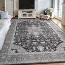 FlyDOIT Vintage Area Rugs for Living Room, 8x10 Grey Floral Medallion Washable Rug for Bedroom, Faux Wool Ultra Soft Retro Accent Rug, Non Slip Indoor Carpet for Kitchen Office Dining Room Decor