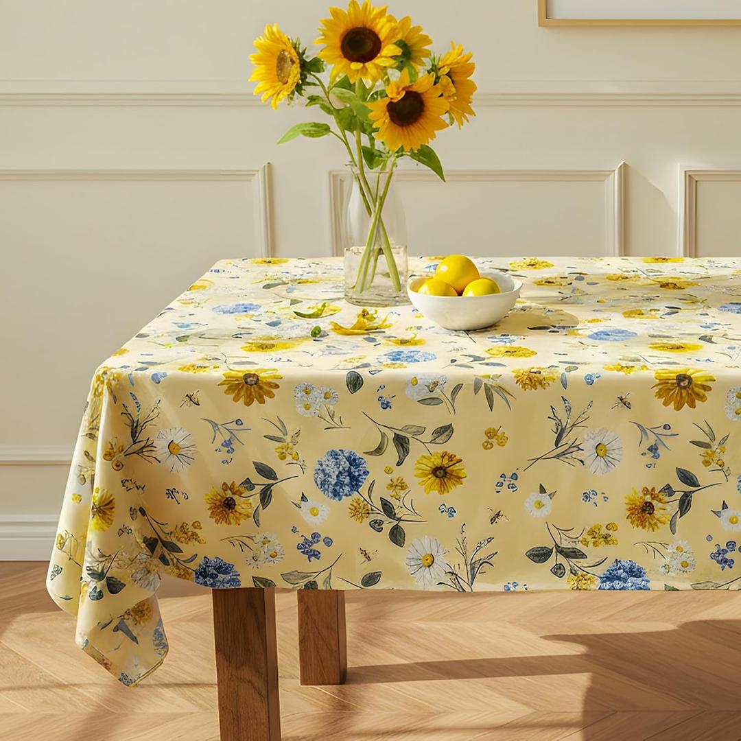Spring Floral Tablecloth Waterproof Yellow Table Cover with Sunflowers, Hydrangeas & Daisies Waterproof Fabric Table Cloth for Dining Room, Kitchen, Party & Outdoor Decor, W52 x L70 in