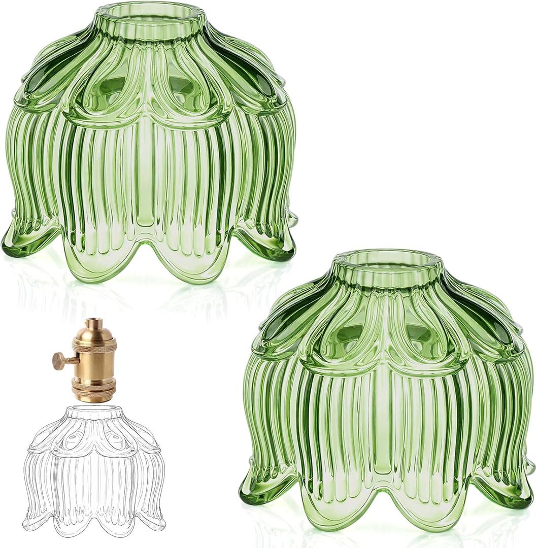 Teenyyou 2 Pcs Green Glass Lotus Lamp Shade Small Flower Sconce Shade E26 Base 1.38" Top x 4.92" Dia. x 4.13" H Mini Lampshade Replacement for Floor Table Chandelier Decor Vanity Pendant Light Cover