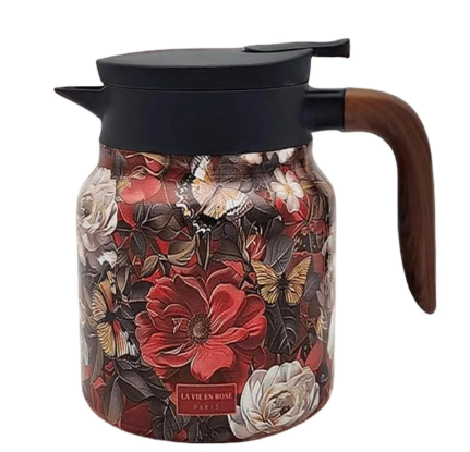 Vintage Floral Pattern Teapot Built-in Infuser, Vintage Floral Tea Pot with Built in Infuser Stainless Steel Thermal Carafe with Lid for Hot Drinks(Wooden handle,35oz) (Red)