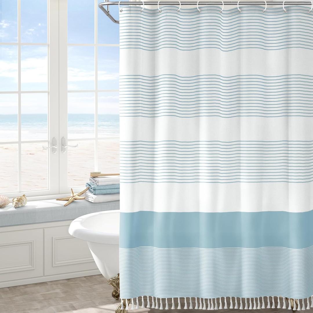 Awellife Blue Shower Curtain Beach Ocean Coastal Nautical Shower Curtain for Bathroom Stripe Tassel 72 X 72 Inches Cotton