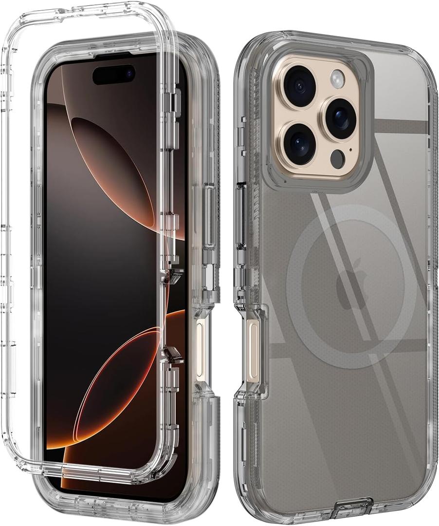 I-HONVA for iPhone 16 Pro Max Case Clear [Non Yellowing] [Compatible with MagSafe] Shockproof 3-Layer Full Body Protection Rugged Heavy Duty Cover Case for Apple iPhone 16 Pro Max 6.9",Black