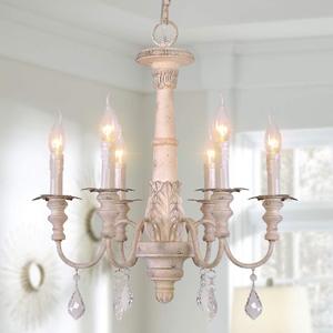 French Country Candle Style Chandelier, Handmade White Distressed Wood Lighting Ceiling Light Fixture Pendant Lamp Chandeliers for Dining Living Room Bathroom W20.8