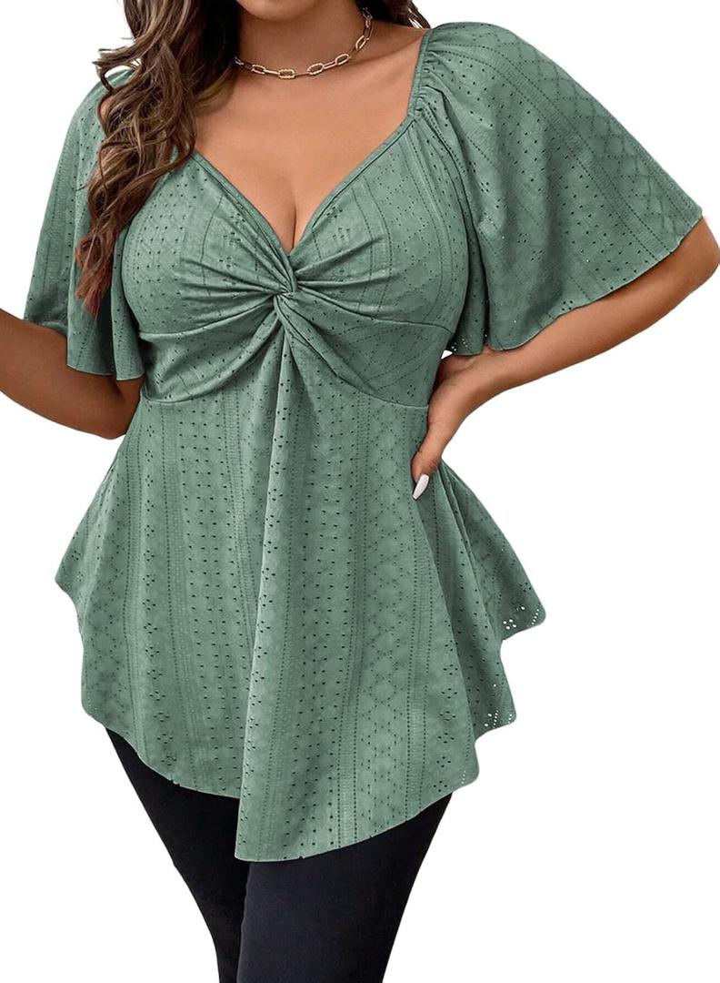Eytino Womens Plus Size Tops Twist Front V Neck Short Sleeve Eyelet Embroidery Summer Loose Blouse Shirts(1X-5X) (4X, Green)