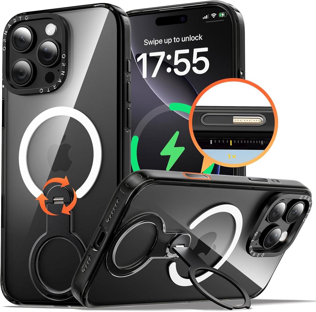 ORNARTO Loop360 for iPhone 16 Pro Max Case, Compatible with MagSafe and Camera Control, High-Transparency Phone Cover with 360 Rotating Stand, Military-Grade Protection, Black