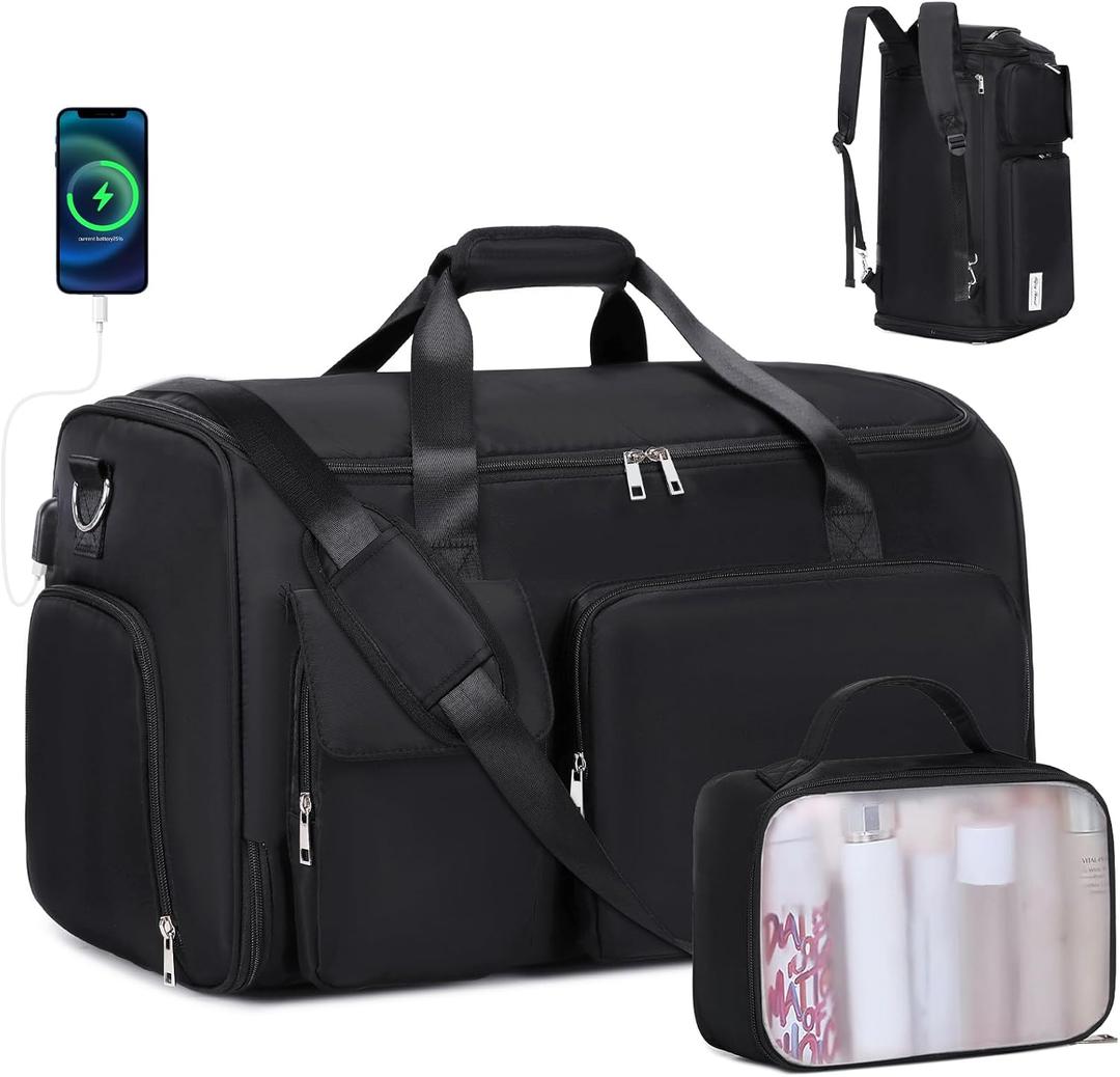 Garment Bags for Travel, 2 in 1 Convertible Carry On Duffle Bag Suit Bags Foldable Backpacks with Shoe Compartment & Toiletry Bag, Hanging Bags for Clothes Dress Suit for Men Women Gift (Black)