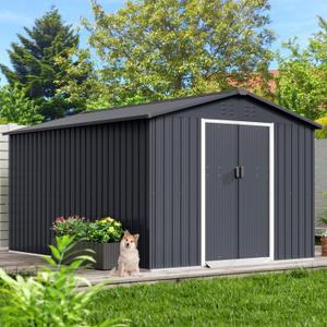GarveeLife 8x15 ft Outdoor Storage Shed, Steel Utility Tool Shed with Sloped Roof & Lockable Door, Backyard Garden Patio Lawn Outdoor Shed for Organising Tools and Equipment in Yard, Garden, Grey (Gray)