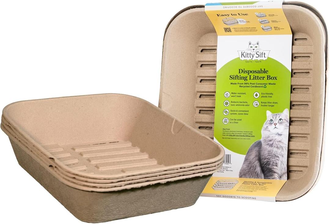 Kitty Sift (Set of 1 Litter Box & 5 Sifting Liners) Sustainable, Clean, Sifting, Disposable Cat Litter Box Kit - Jumbo, Set of 6 Kit