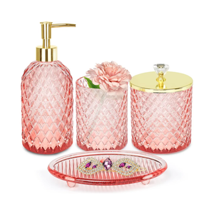 Haturi Pink Bathroom Accessories Set, 4 Pcs Glass Bathroom Accessory Set Complete w/Soap Dispenser, Toothbrush Holder, Qtip Holder, Vanity Tray, Gold Bathroom Set Decor, Gift for Girl Home Apartment